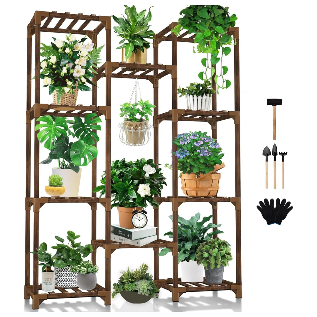10-Tiers Wood 11-Pot Plant Holder Shelf (34" x 11.6" x 47")