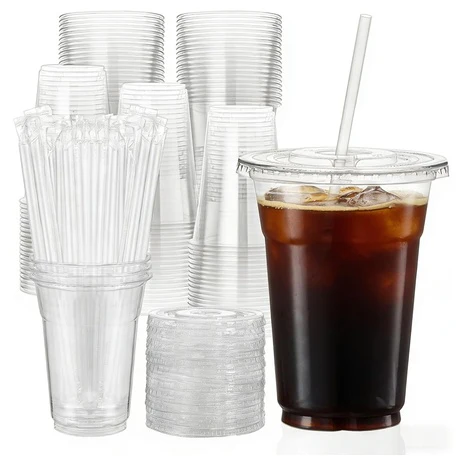 100 16oz Clear Plastic Cups with Lids and Straws