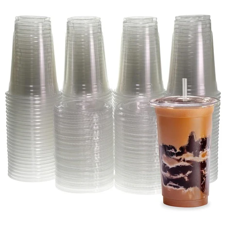100 12oz Or 20oz Clear Plastic Cups with Flat Lids & Straws