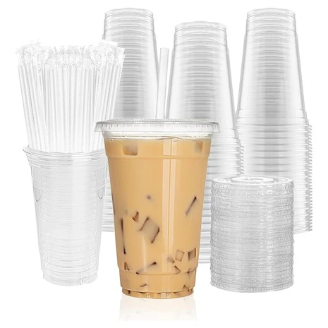 100 20oz Clear Plastic Cups with Lids and Straws