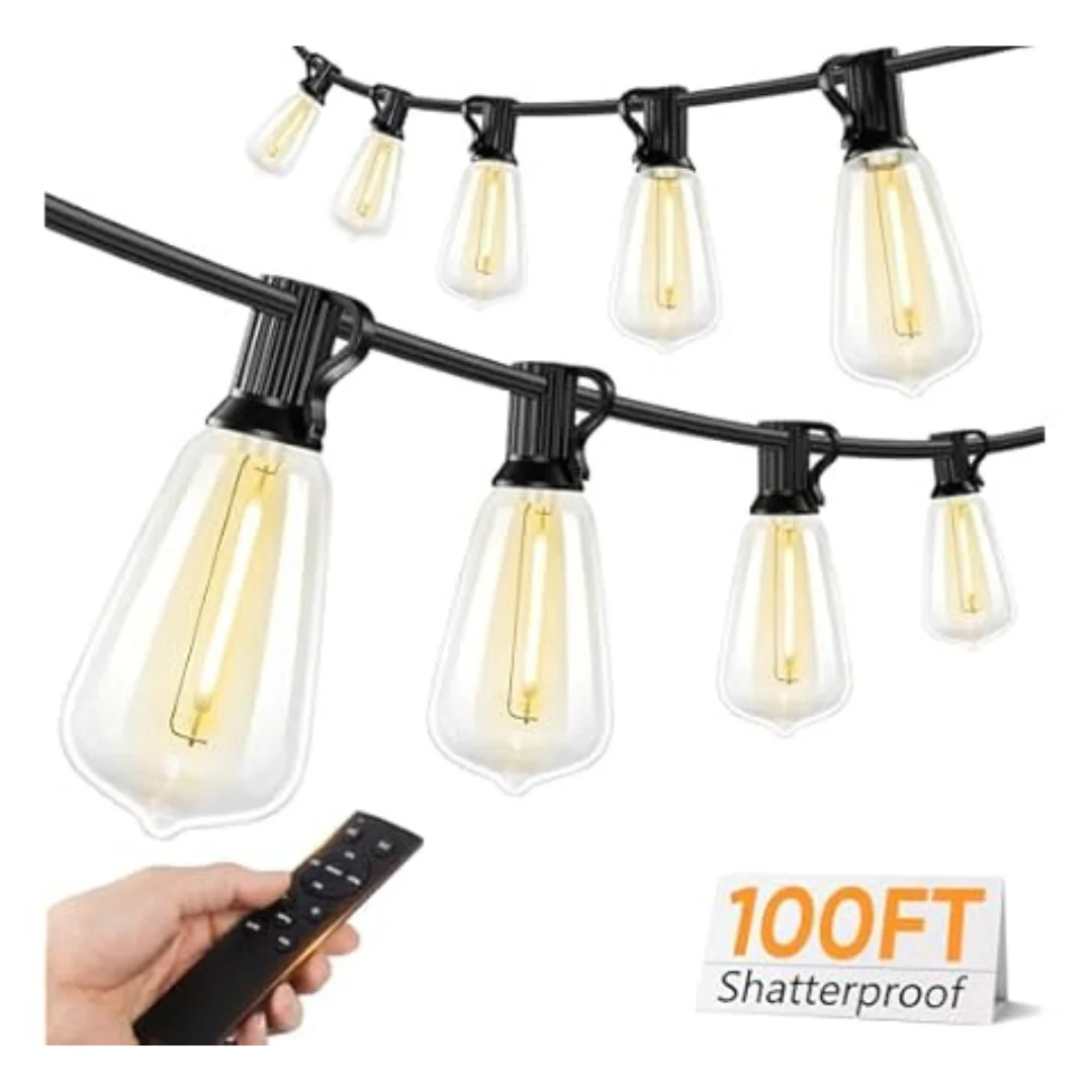100-Feet Commercial Grade Outdoor LED String Lights W/ Dimmable Edison Bulbs