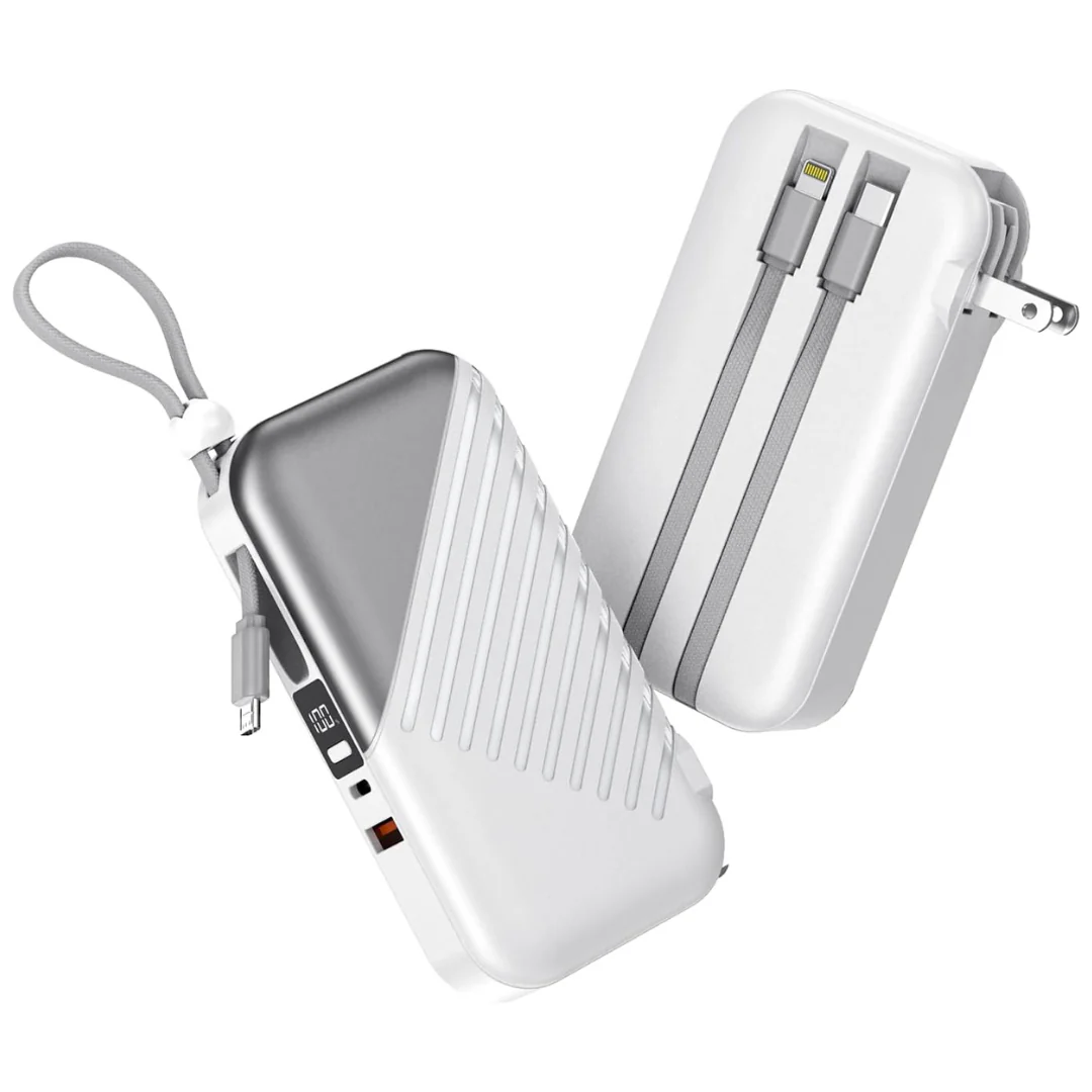 10000mAh Portable USB C 27W Power Bank With Built In Cable
