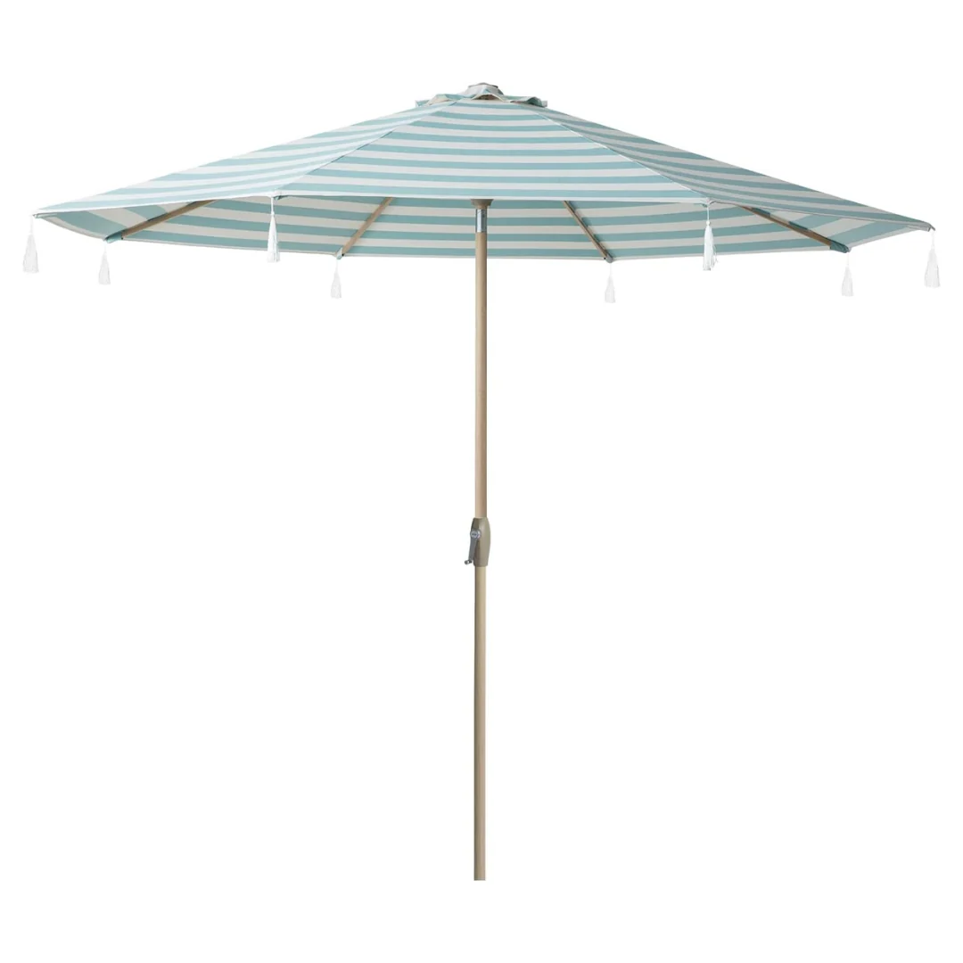 10ft Tempera Blue & Green Striped Tassel Patio Umbrella W/ Fringe