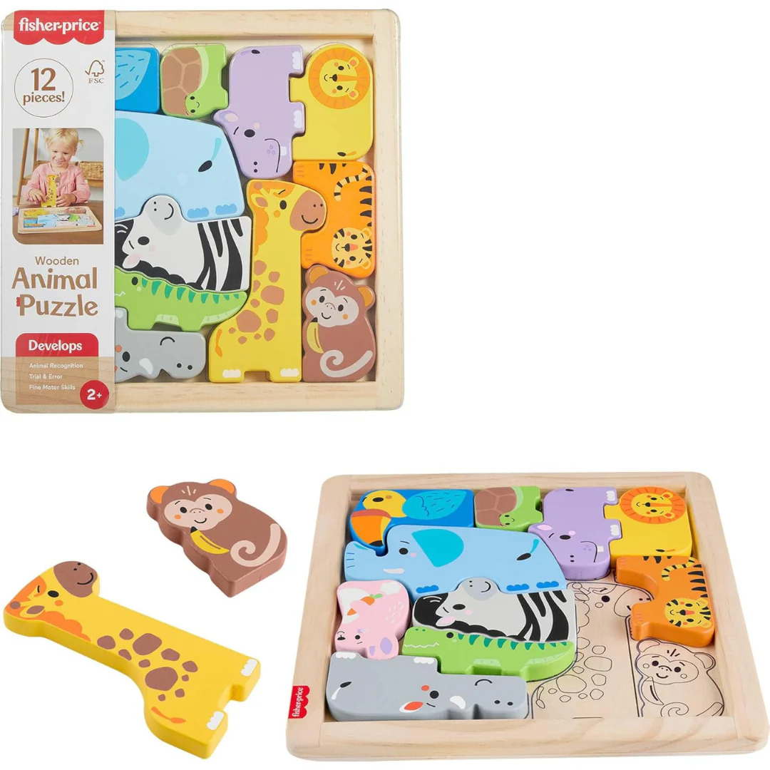 12-Piece Fisher-Price Wood Toddler Toy Animal Puzzle