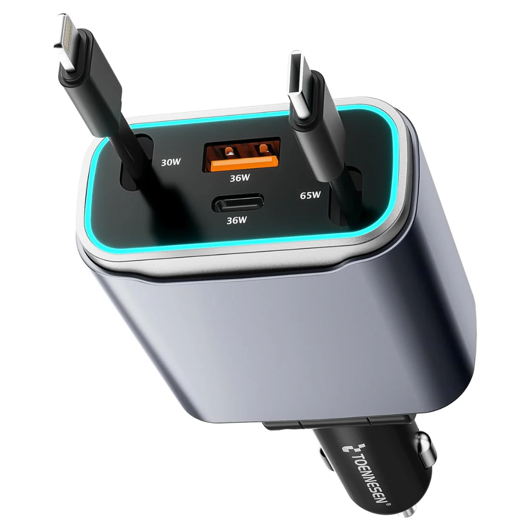 131W 4-In-1 USB-C Retractable Car Charger With Dual Cables
