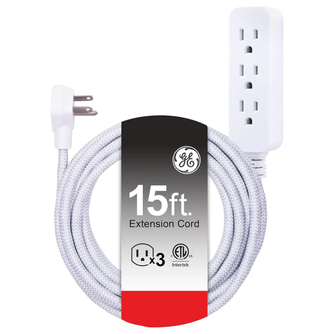 15 Ft GE 3-Outlet Braided Power Strip Extension Cord