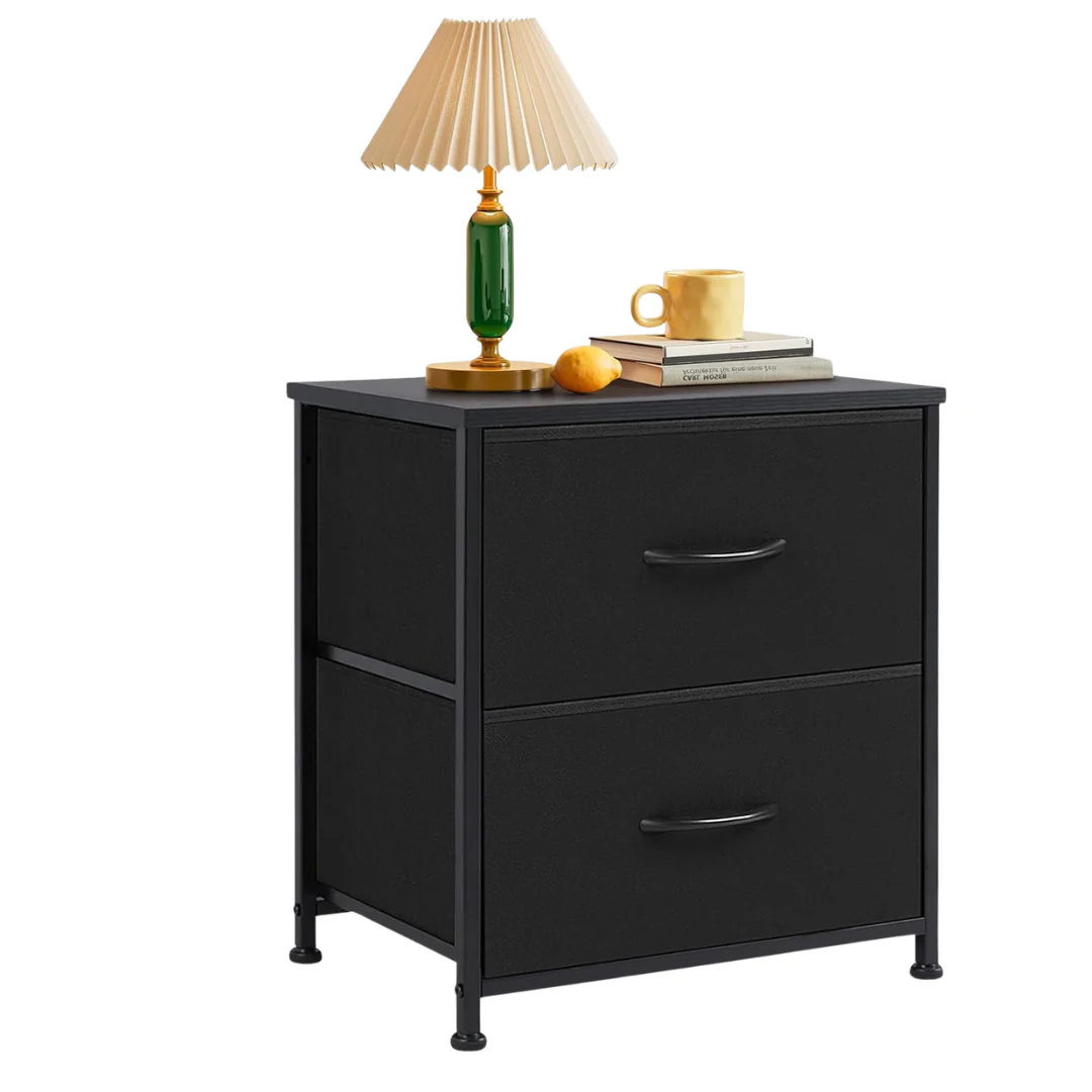 2-Drawer Wooden Top Fabric Bins Nightstand With Storage