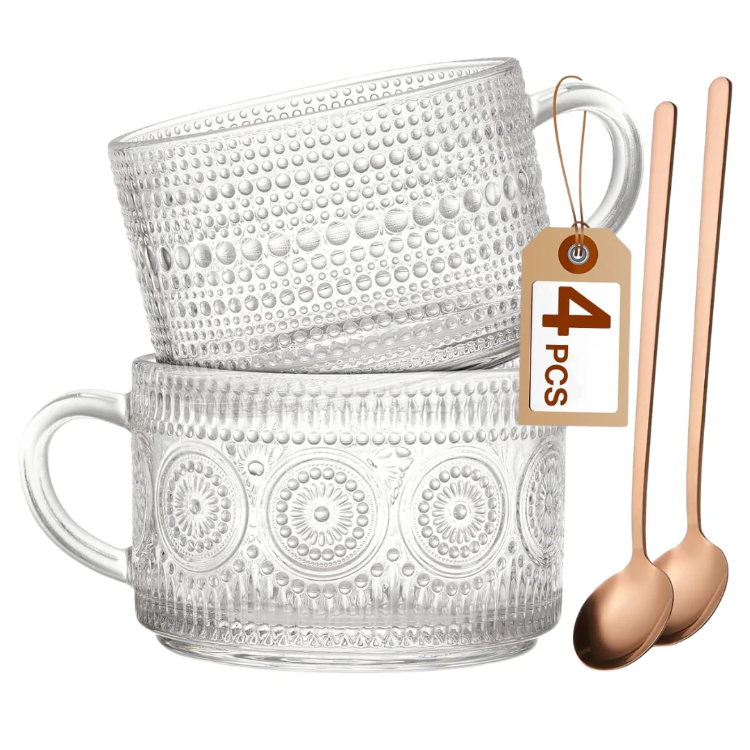 2-Pack 14-Oz Mfacoy Vintage Embossed Glass Coffee Mugs