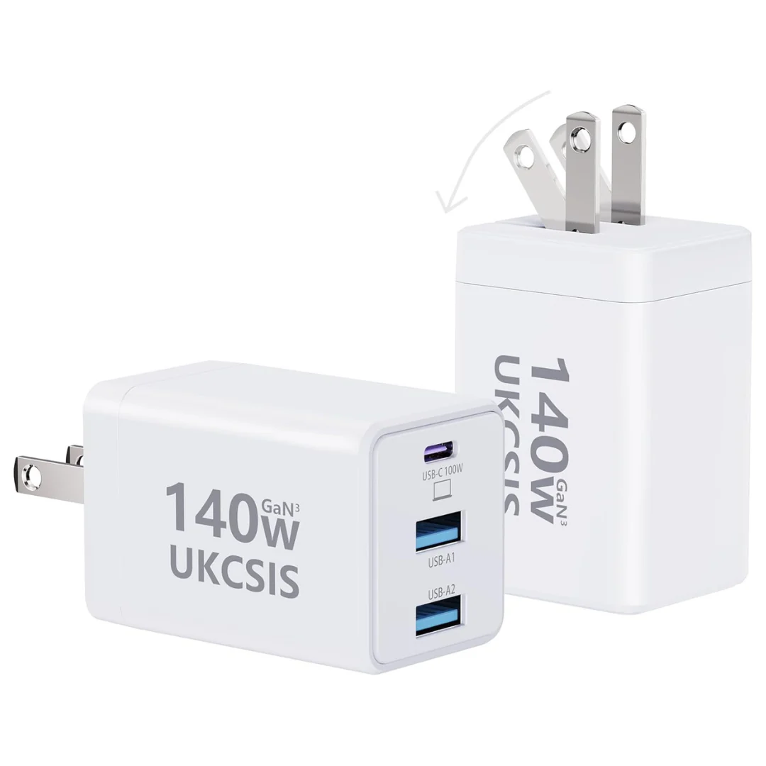 2-Pack 140W 3-Port GaN Foldable Wall Charger