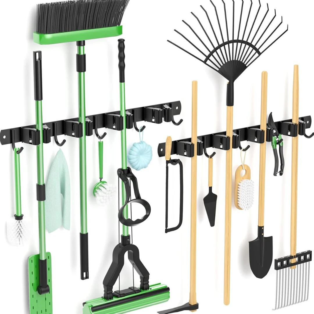 2-Pack Heavy Duty Broom Holder Wall Mount W/ 4 Racks & 5 Hooks