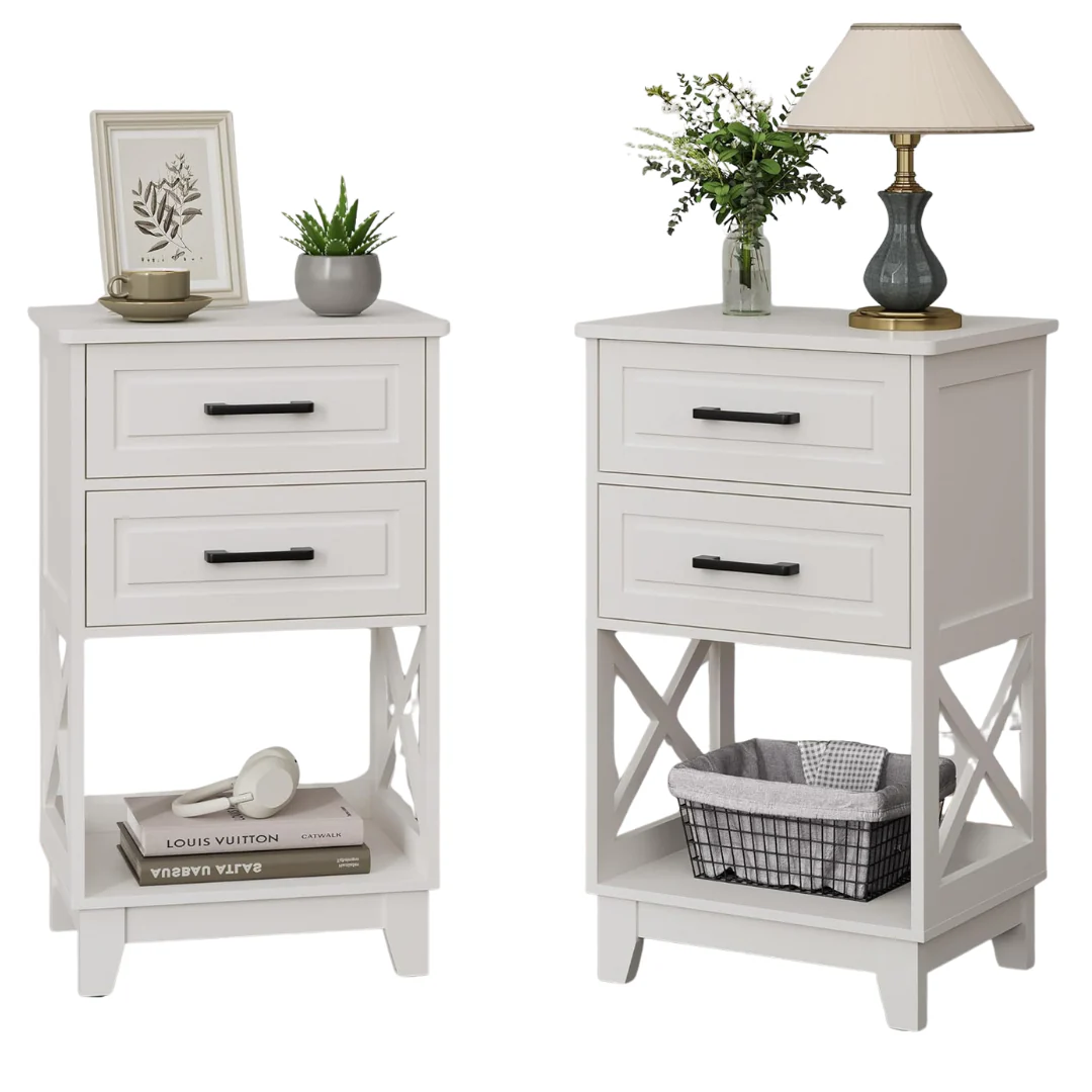 2-Piece 30" Tall Nightstand Side Table W/ 2 Drawers & Open Shelf