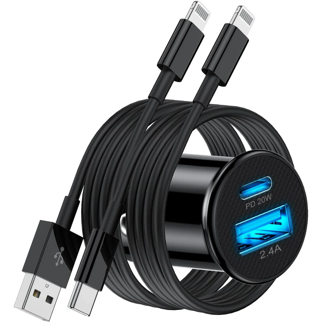 20W Dual-Port USB Car Charger with 2 Lightning Cable