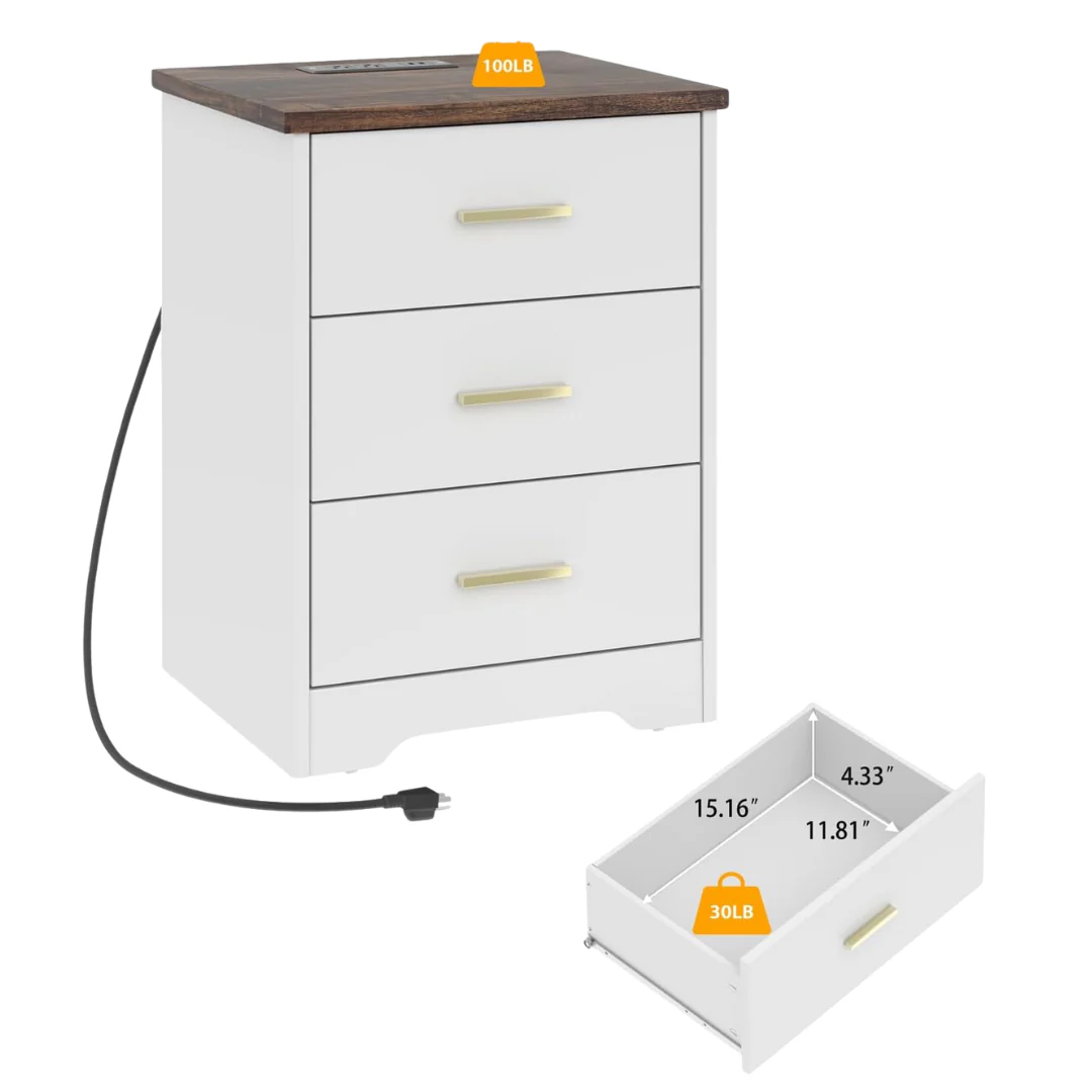 21" Tall Modern 3 Drawer Wood Dresser With Charging Station