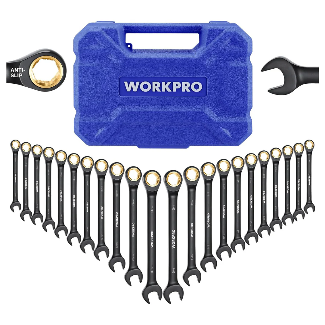 22-Piece Workpro Ratcheting Wrench Set With Case (Metric 6-18mm & SAE 1/4-3/4")