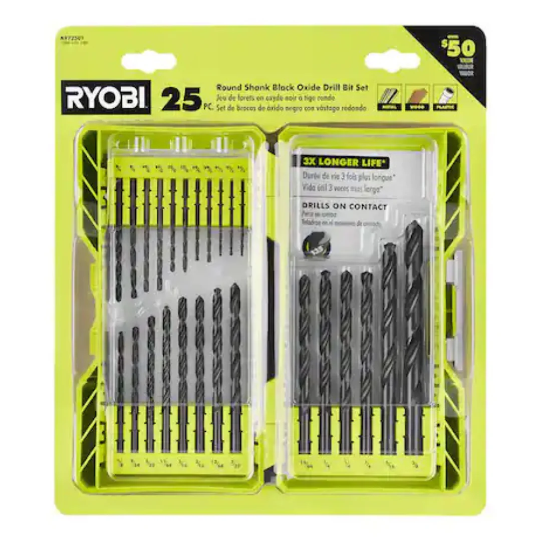 25-Piece RYOBI Black Oxide Round Shank Twist Drill Bit Set