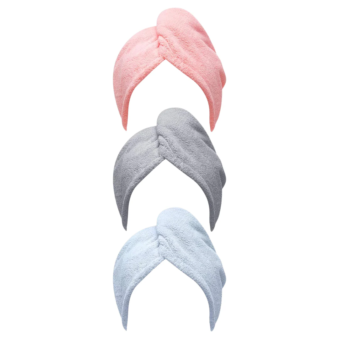 3-Pack Hicober Microfiber Hair Towels/Turbans (Blue, Grey, Pink)