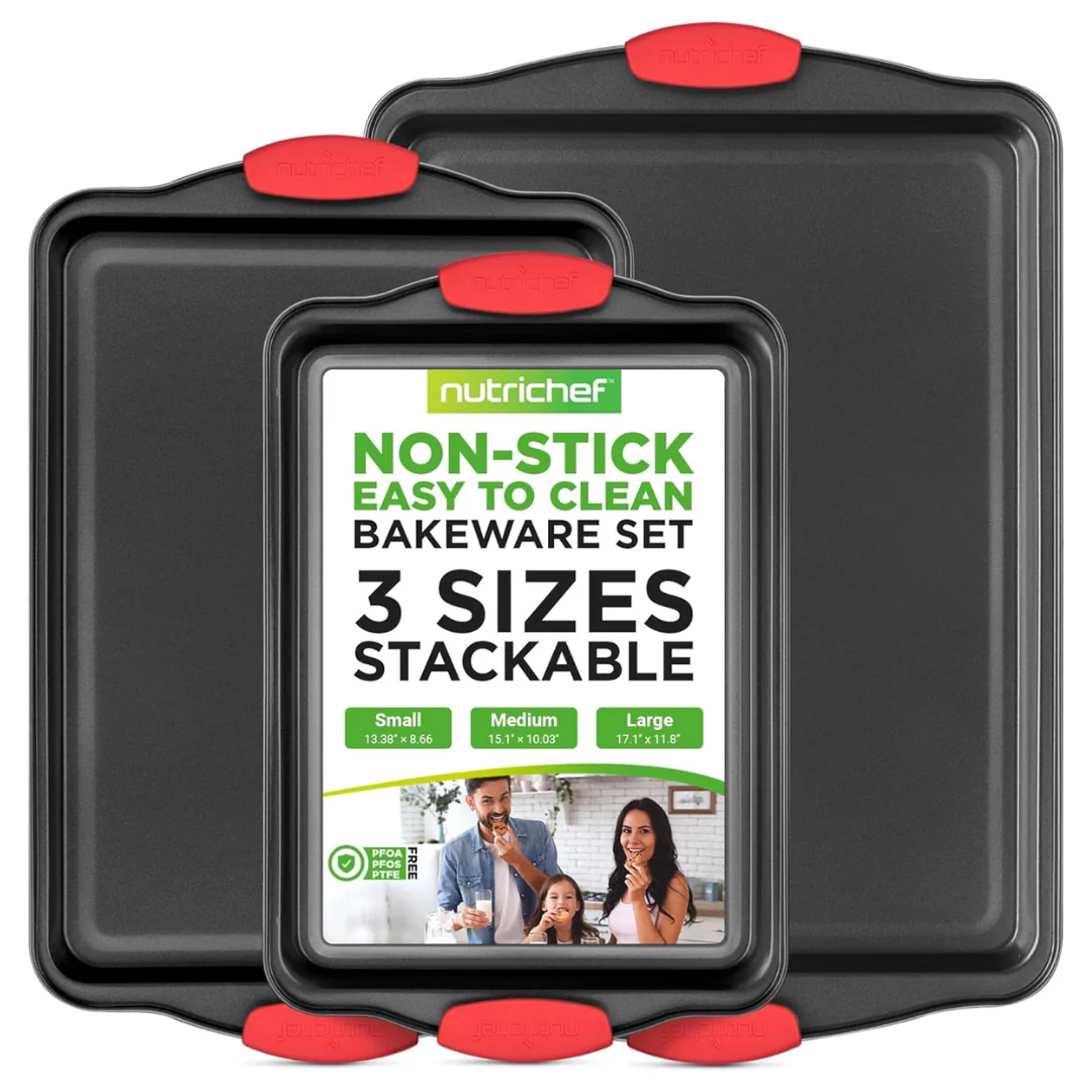 3-Piece Non-Stick Oven Baking Pans With Red Silicone Handles
