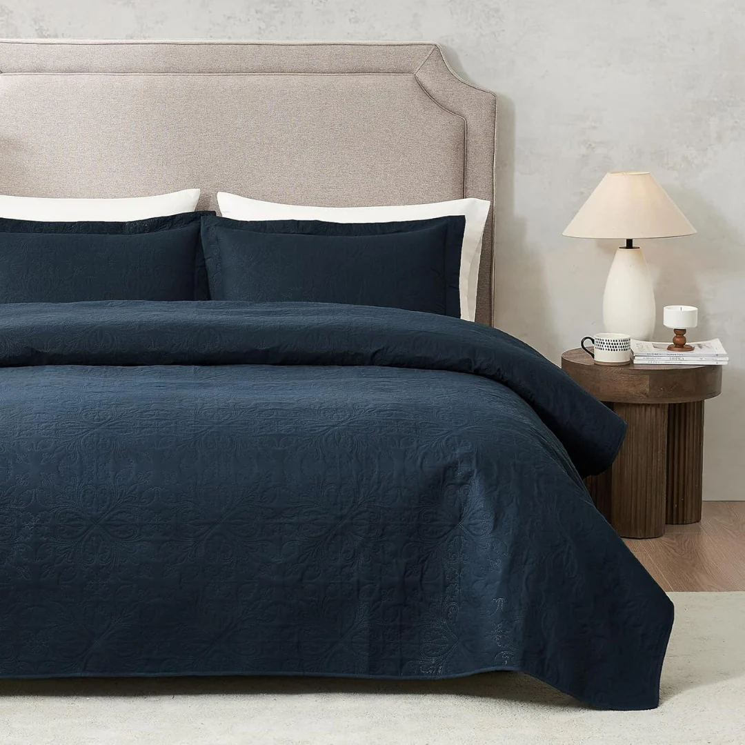 3-Pieces Hansleep Navy Quilt Queen Size Coverlet Bedding Set