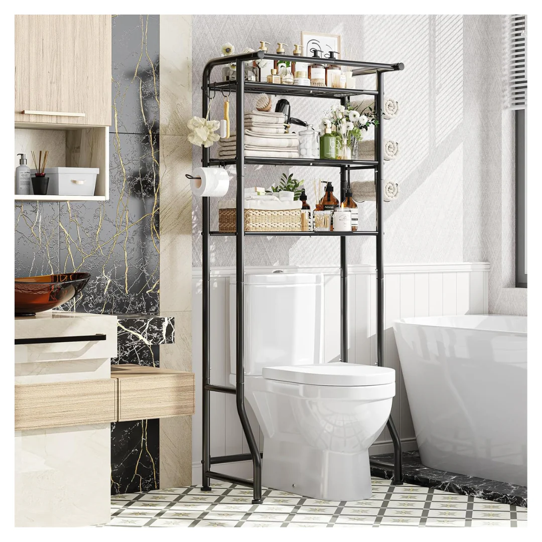 3-Tier Over-The-Toilet Bathroom Storage Cabinet With Paper Holder & Hooks