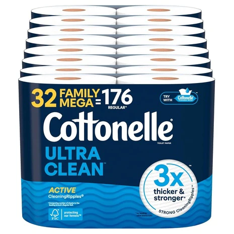 32 Family Mega Rolls (176 Regular Rolls) Cottonelle Ultra Clean Toilet Paper
