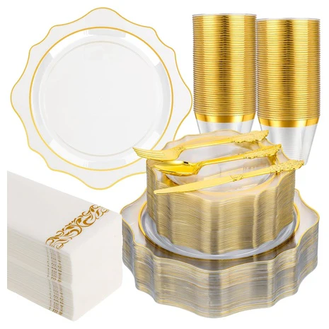 350-Piece Clear & Gold Disposable Dinnerware Set