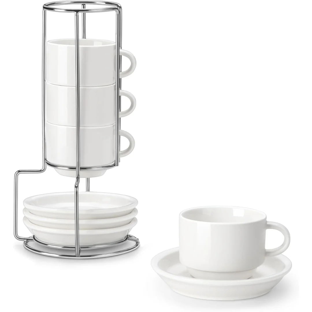 4-Pack 2.5 oz Porcelain Espresso Cups with Saucers & Metal Stand