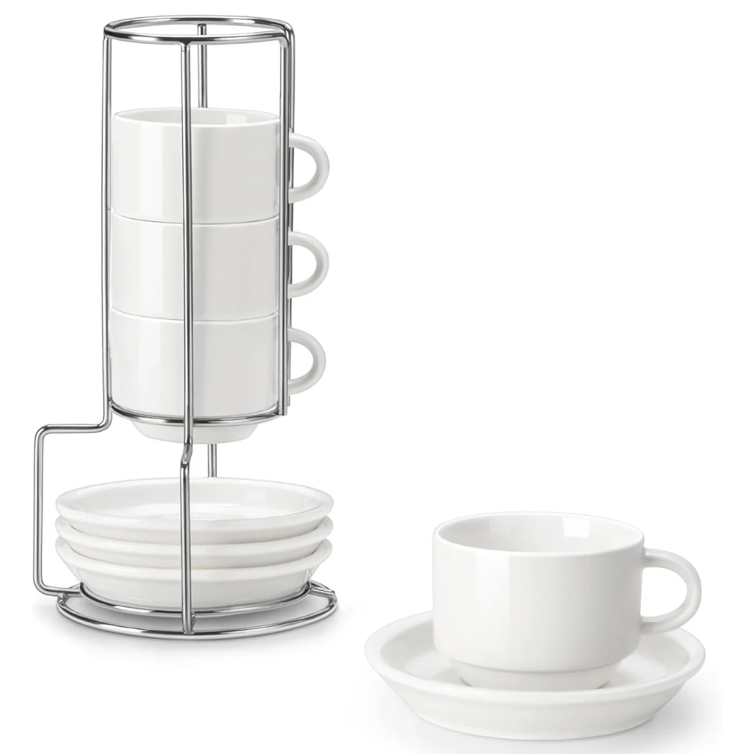 4-Pack 2.5 oz Porcelain Espresso Cups With Saucers & Metal Stand