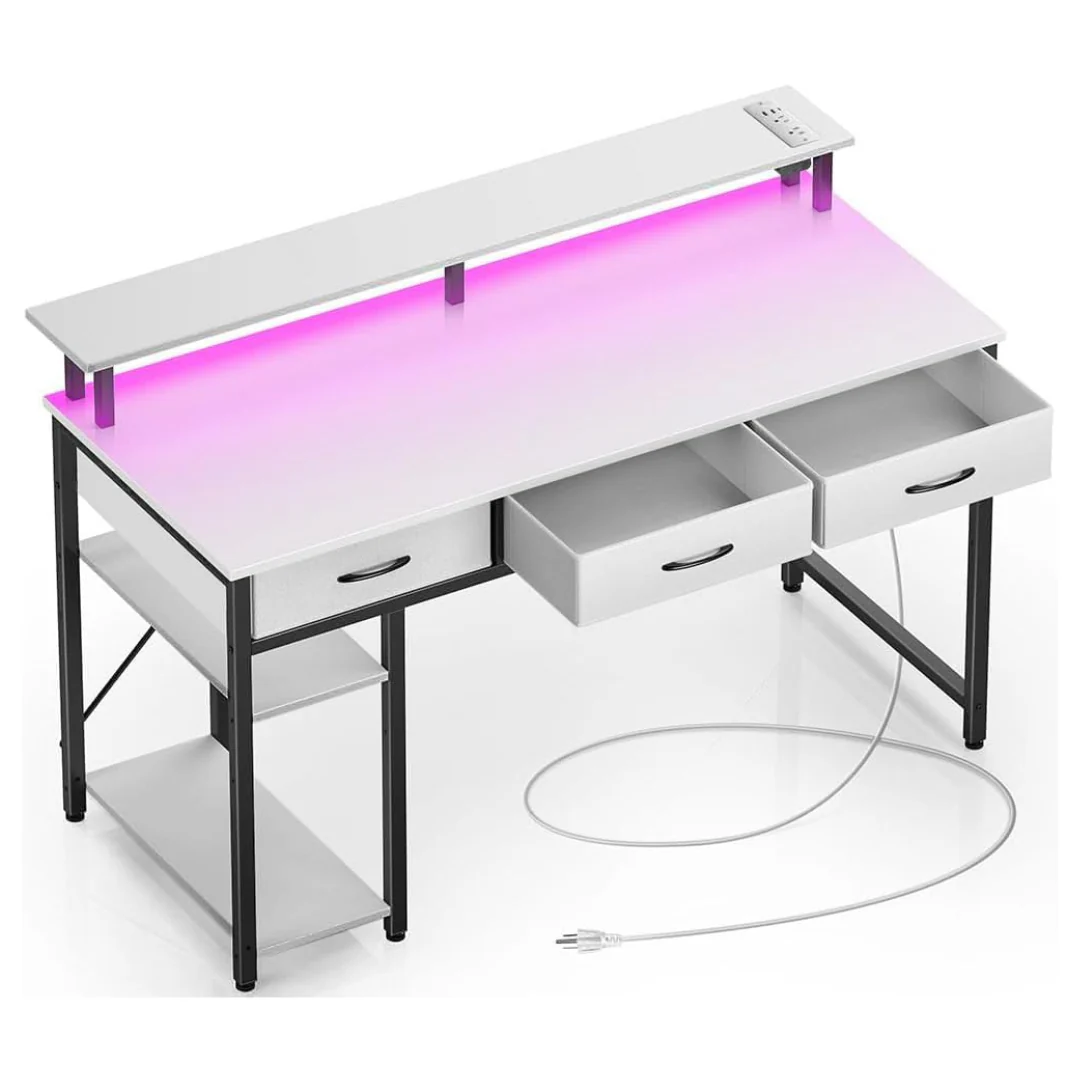47" Drawers & Storage Shelves Office Desk with LED Light