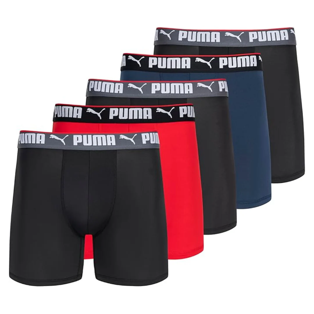 5-Pack PUMA Men's Performance Boxer Briefs (Navy/Red/Black)