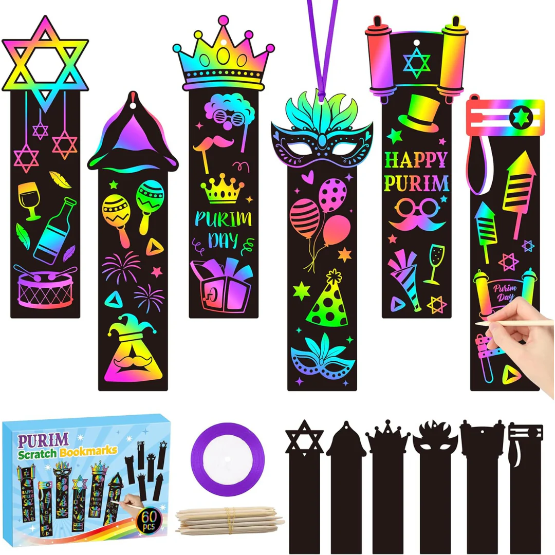 60-Piece Purim Scratch Art Bookmarks