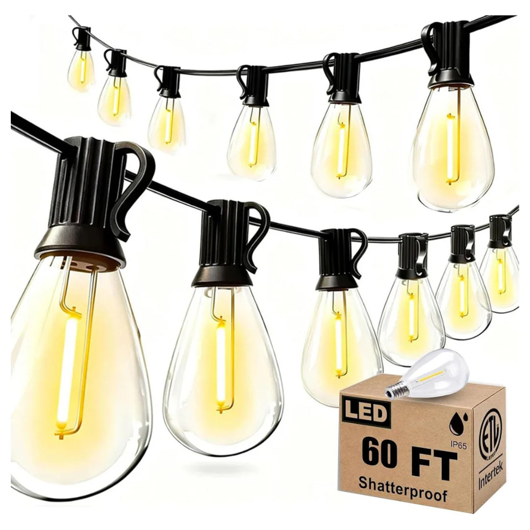 60Ft Waterproof Outdoor String Lights With 17 Shatterproof S11 Edison Bulbs