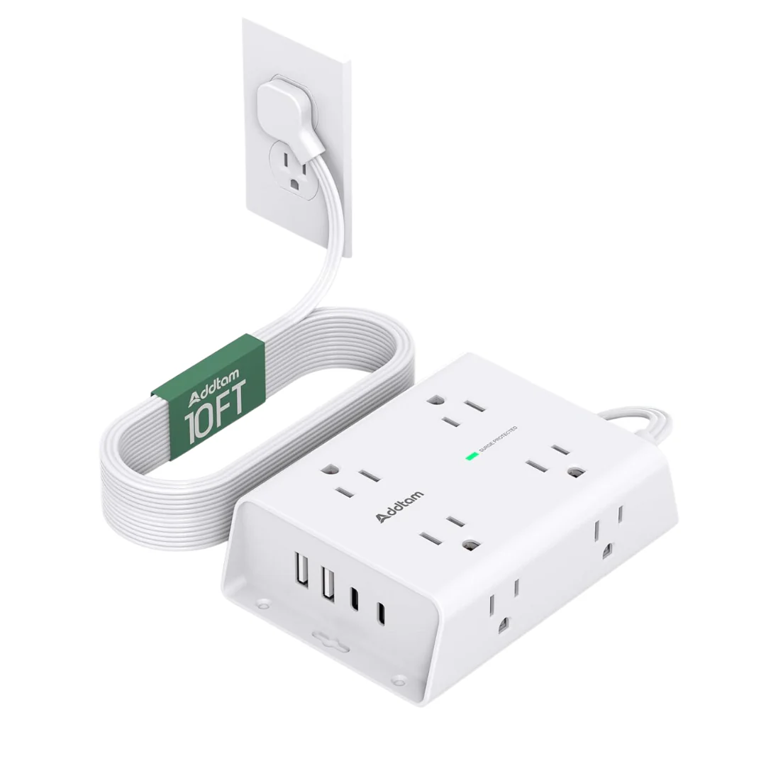 Addtam 10ft Flat Plug Extension Cord With Surge Protector