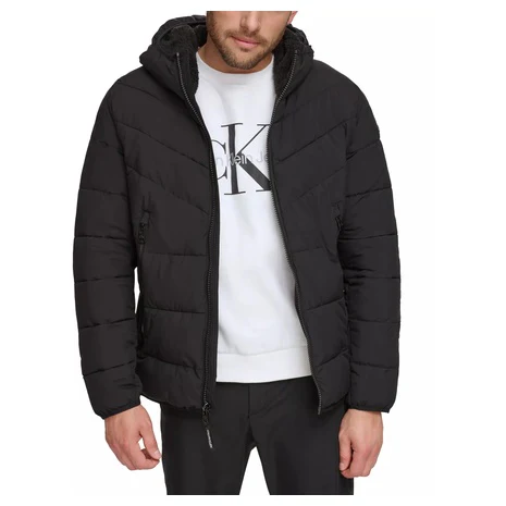Calvin Klein Men's Chevron Stretch Jacket With Sherpa Lined Hood