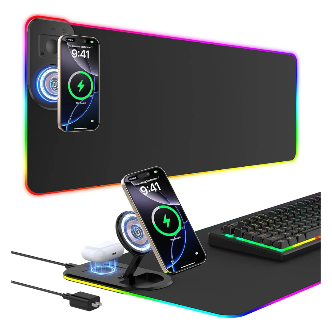 Gaming Mouse Pad Wireless Charging Desk Mat W/ Foldable Phone Stand