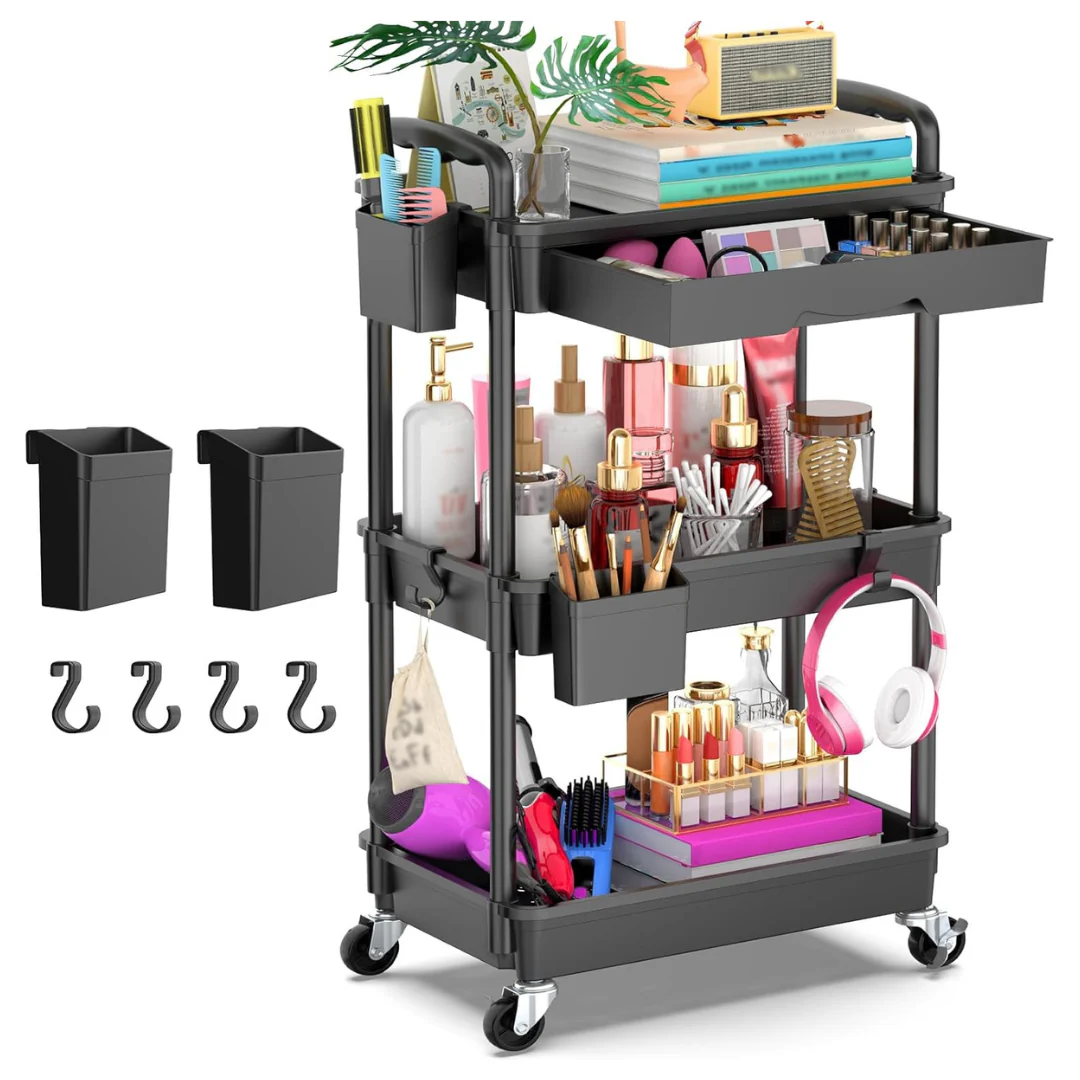 Goovilla 3-Tier Rolling Utility Cart W/Removable Drawer & 2 Lockable Wheels