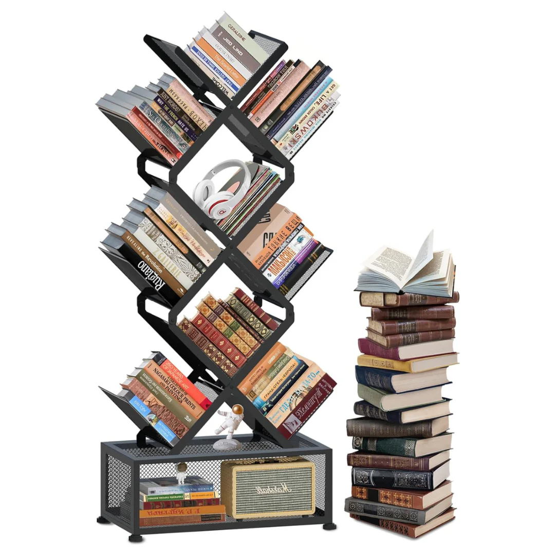 HI NINGER 9-Tier Tree Folding Bookshelf With Storage Cabinet
