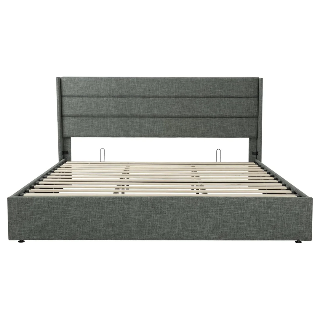King Size Lift Up Storage Bed With Modern Wingback Headboard