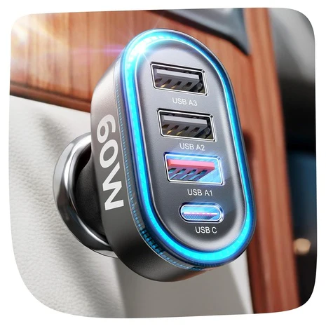 LISEN 60W 4-Port Cigarette Lighter Car Charger