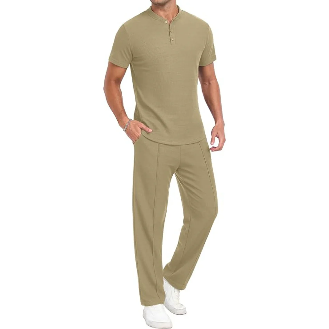 Men's 2 Piece Waffle Knit Henley Shirt And Pants Tracksuits Set (various)