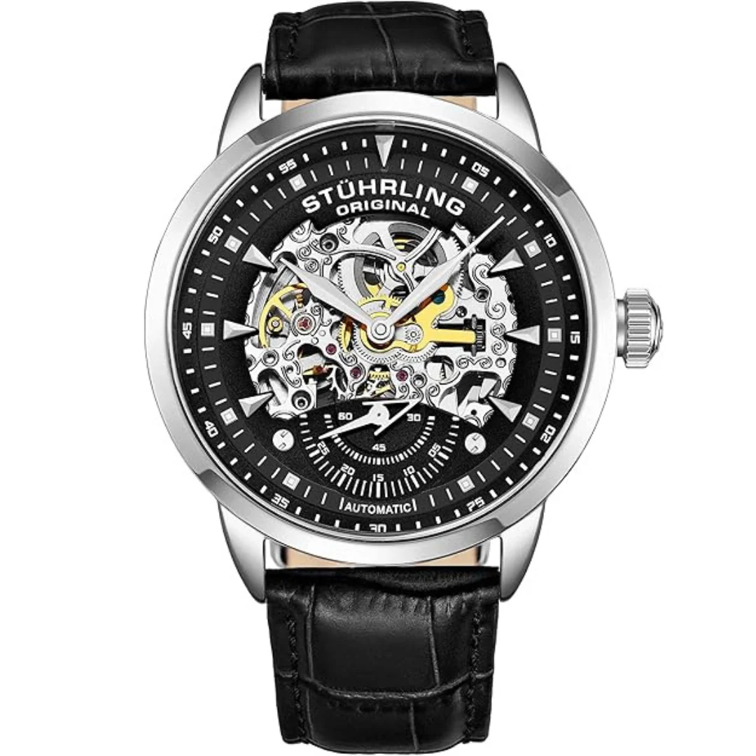 Men's Black Leather Strap Automatic Skeleton Watch