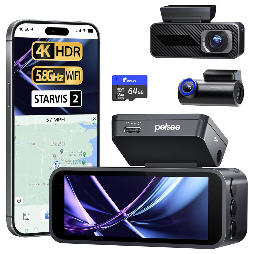 Pelsee P1 Pro 4K Front and Rear Dash Camera w/ 64GB Card