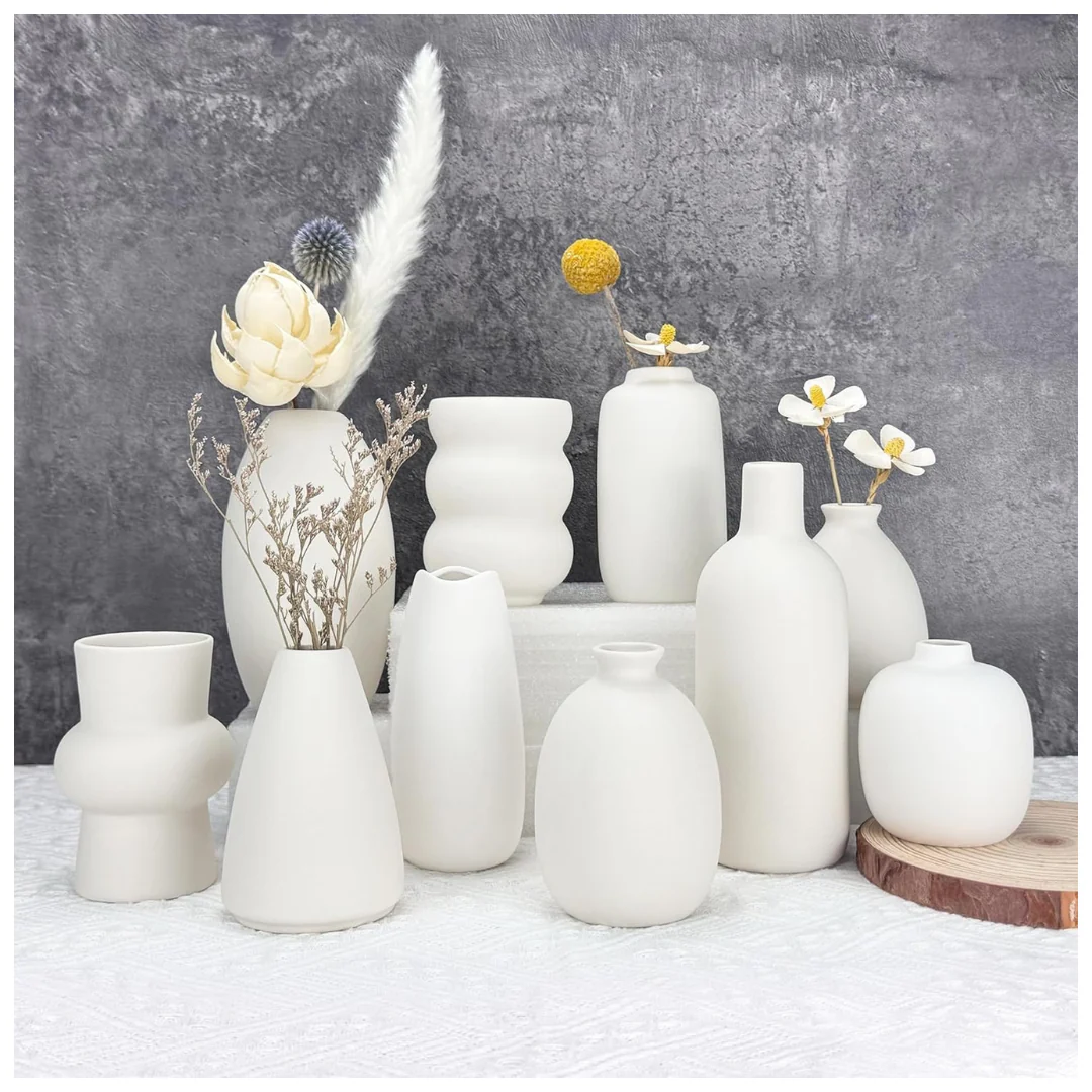 Set Of 10 Xunsiga White Ceramic Bud Small Flower Vases