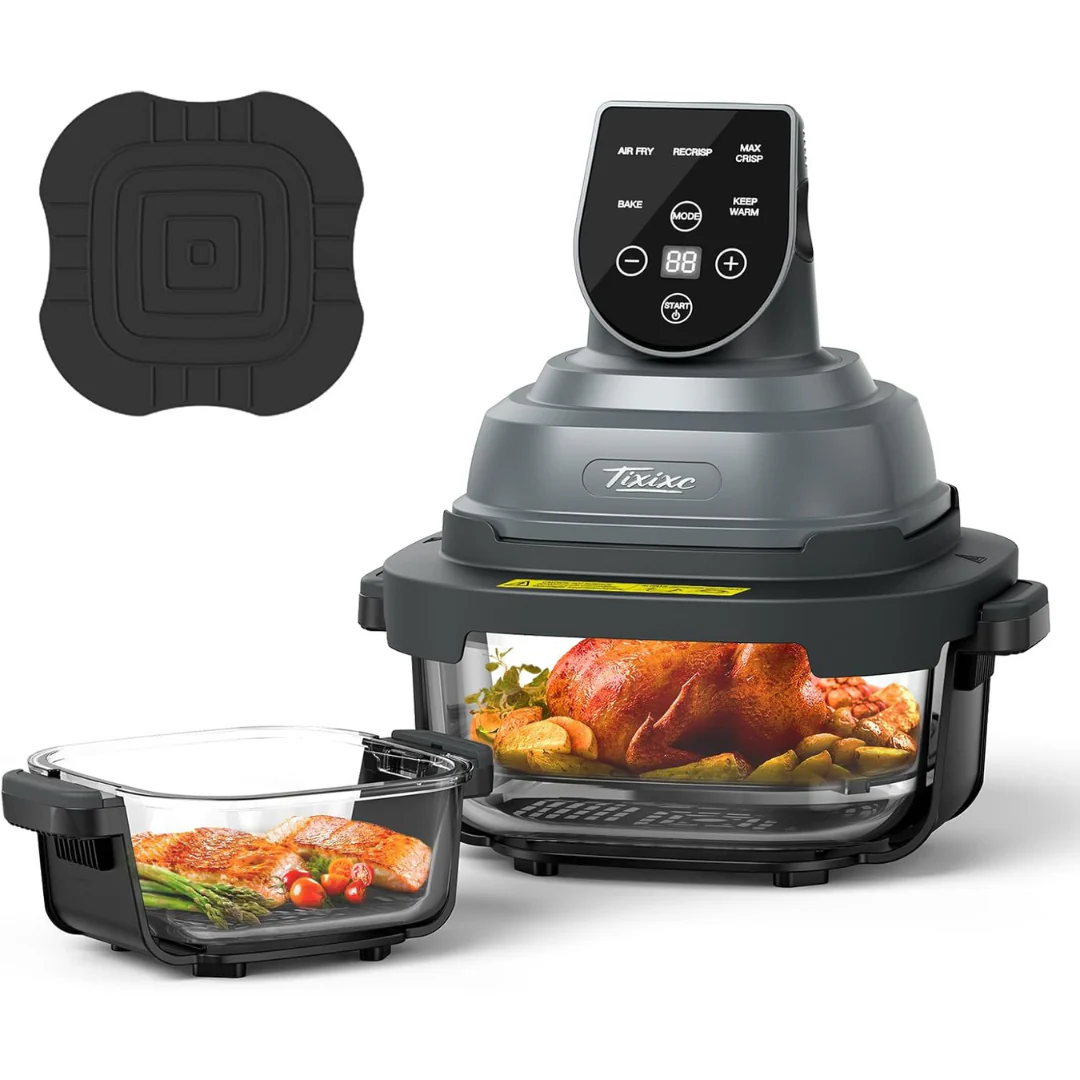 Tixixc 5-in-1 1500W 4QT 6-Cup Glass Air Fryer With Lids