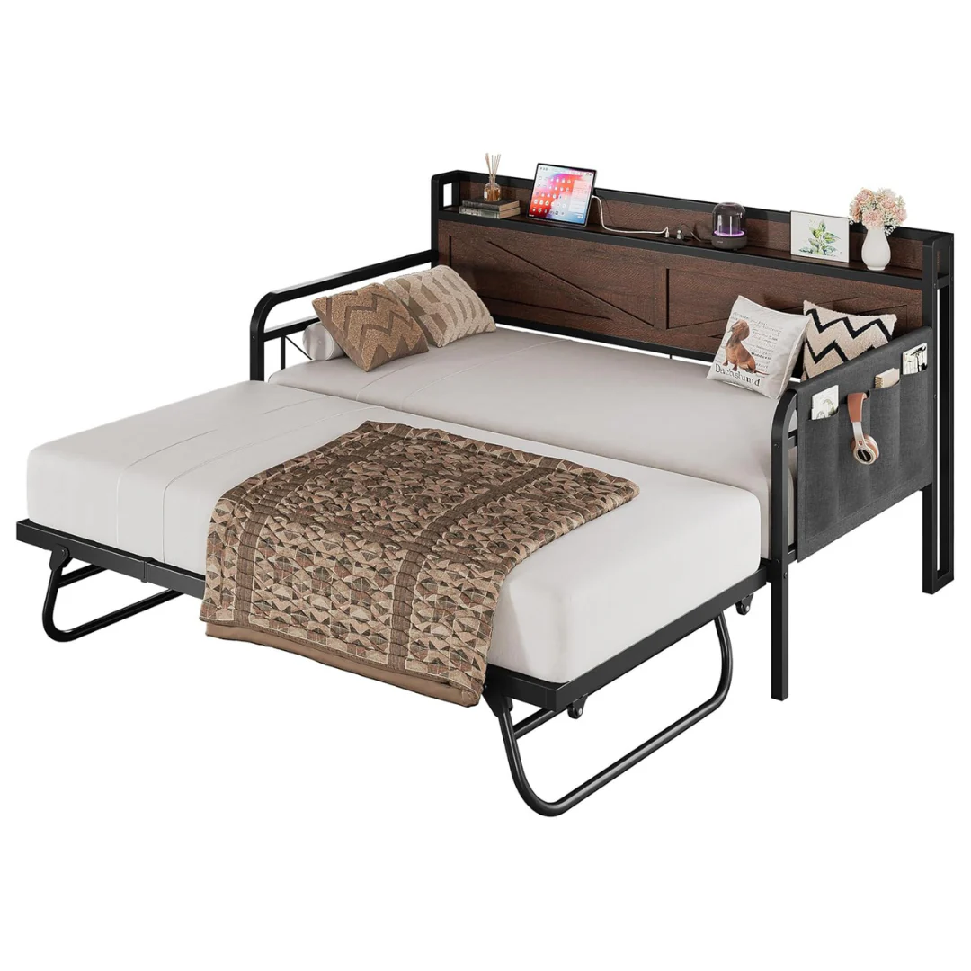 Twin Trundle Storage Headboard Sofa Day Bed With Charging Station