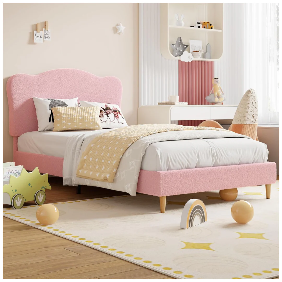 Upholstered Twin XL Size Bed Frame With Scallop Headboard