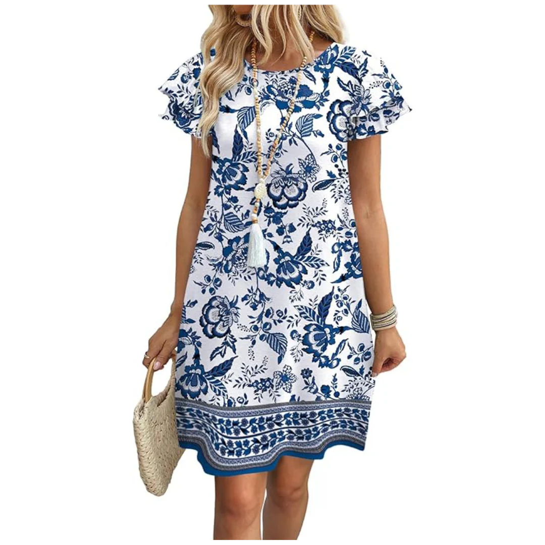 Women's Boho Floral Ruffle Sleeve Swing Dress