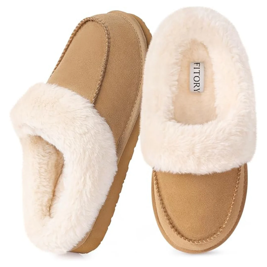 Women's Flat Slip On Suede Slipper With Faux Fur Lining