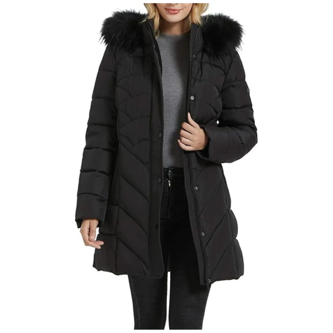 Women's Windproof Hooded Winter Puffer Jacket With Faux Fur