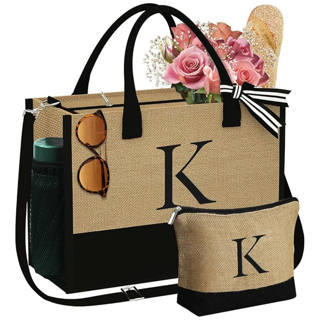 YOOLIFE Initial Jute Tote Bag & Makeup Bag For Women